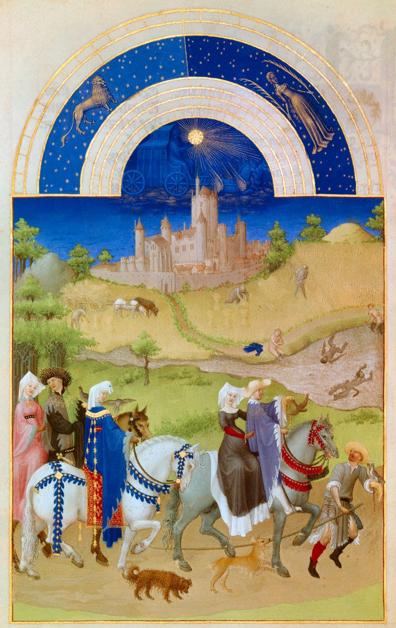 August: Herrer går gennem markerne, mens bønderne tager sig af høsten og bader. Nederst: slottet Etampes. Miniature i "The very rich hours of the Duke of Berry" af Pol De Limburg (1400-tallet). Chantilly, Musee Conde af Pol de Limbourg