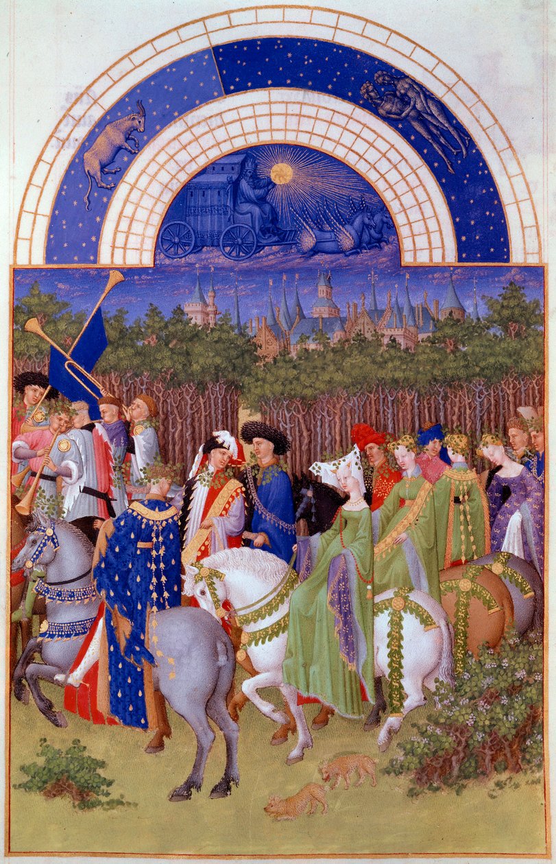 Cortege af adelige og musikere til hest, udsigt over hertugpaladset i Riom (?) og maj måned. Flamsk miniature af Pol De Limburg (15. århundrede) fra manuskriptet "The very rich hours of the Duke of Berry"" af Pol de Limbourg