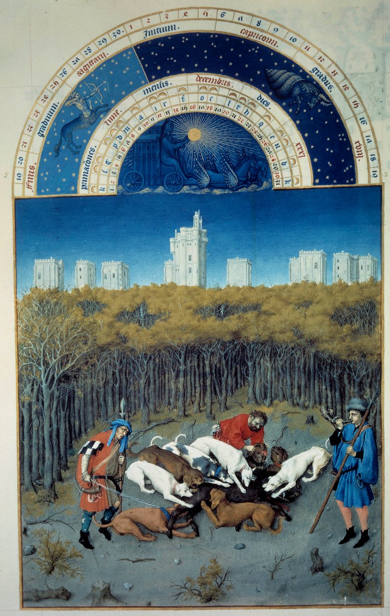 December: jagtscene. I baggrundsbilledet af Vincennes flamske miniature af Pol De Limburg (1400-tallet) fra manuskriptet "The very rich hours of the Duke of Berry"" af Pol de Limbourg