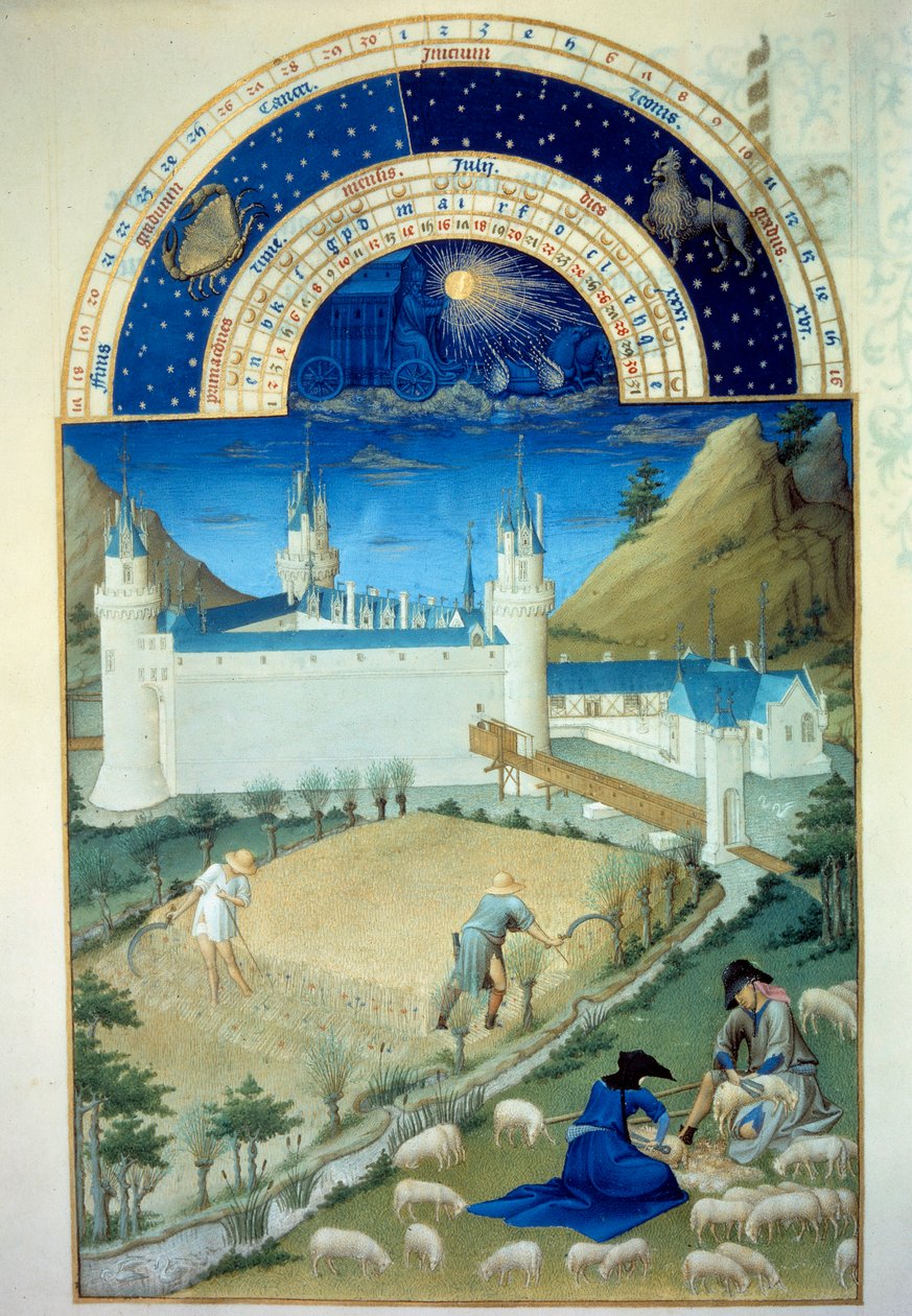 Juli: "" Le chateau de Poitiers, scene for høst og klipning""" Flamsk miniature af Pol De Limburg (15. århundrede) fra manuskriptet "" Hertugen af Berrys meget rige timer""" af Pol de Limbourg