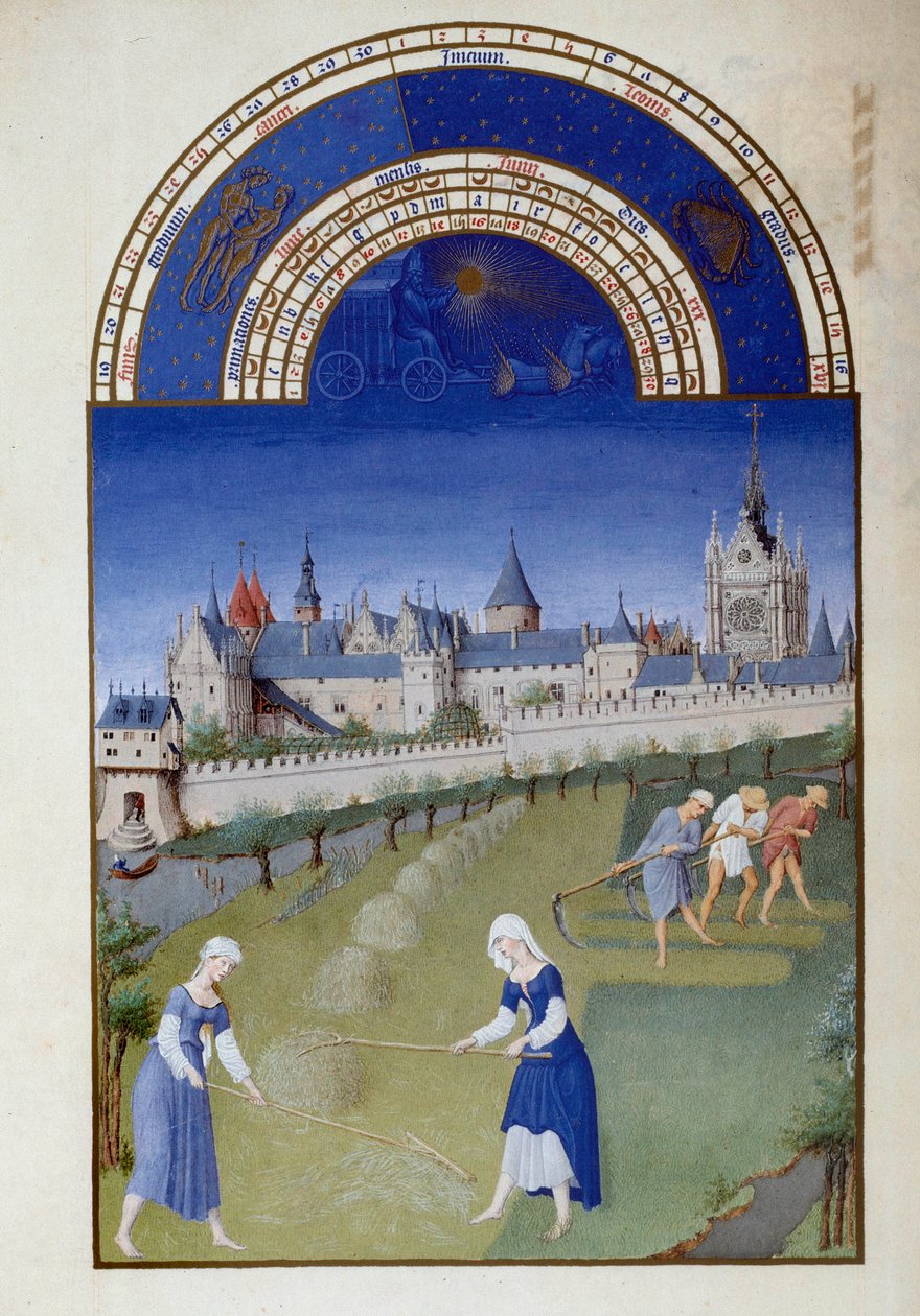 juni: hø. På bagsiden, paladset i det flamske miniature hellige kapel i Pol De Limburg (1400-tallet) fra manuskriptet "The very rich hours of the Duke of Berry"" af Pol de Limbourg