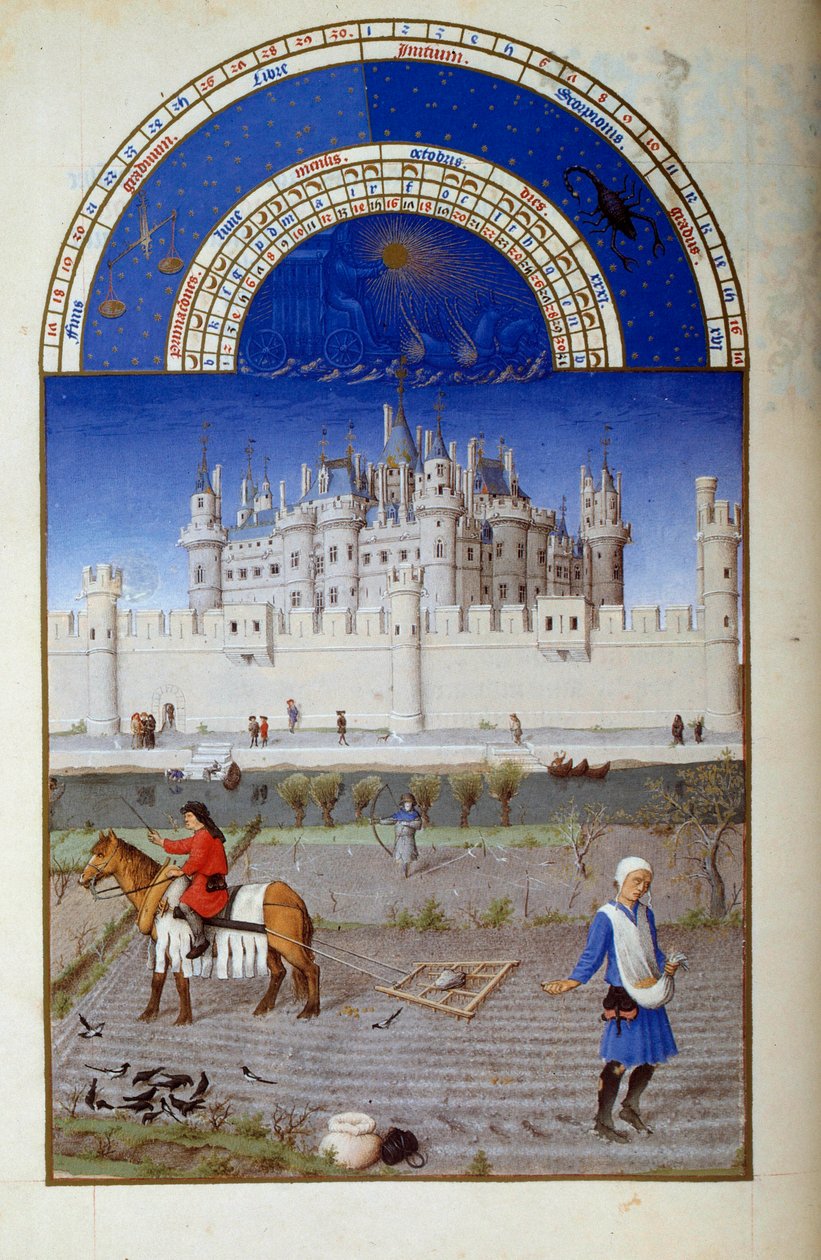 oktober: såning. I baggrunden den flamske Louvre-miniature af Pol af Limburg fra "The Book of Good Moors"" af Jacques den Store (1360-1415/1418), dedikeret til John Duke of Berry af Pol de Limbourg