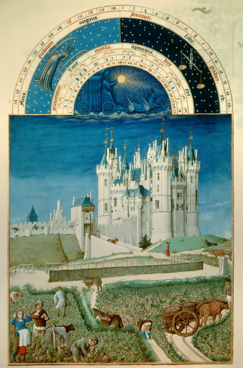 september: høst. I baggrunden slottet Saumur Miniature Flemish af Pol De Limburg (1400-tallet) fra manuskriptet "The very rich hours of the Duke of Berry"" af Pol de Limbourg