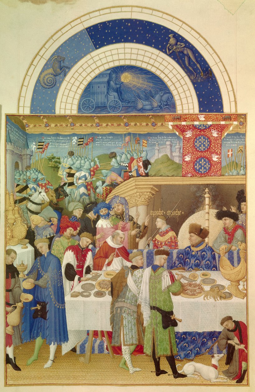 Hertugen af Berry har bord og januar måned. Flamsk miniature af Pol De Limburg (1400-tallet) fra manuskriptet "The very rich hours of the duke of berry"" af Pol de Limbourg