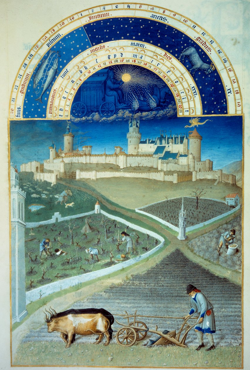 Marts måned: pløjningen I forgrunden, landbrugsarbejde, bønder, der pløjer en mark, på størrelse med vinstokkene, i bunden Lusignans slot - Miniature i "" Les tres riches heures du Duke de Berry"" af Pol De Limburg (15. århundrede) - C af Pol de Limbourg