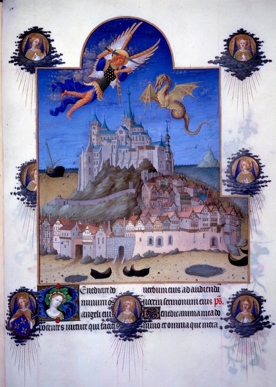 Udsigt over Mont Saint Michel (Mont-Saint-Michel): ærkeenglen Saint Michel og dragefløjen er repræsenteret, der kæmper i luften. Flamsk miniature fra Pol de Limburg fra "The Book of Good Moors"" af Jacques den Store (1360-1415/1418), dedikeret til Johannes af Pol de Limbourg