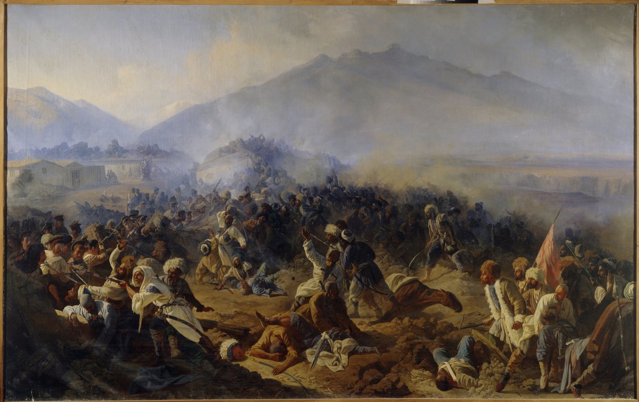 Belejringen af ​​Akhty i 1848. Kampscene i bjergene i Nordkaukasus, mellem den russiske hær og tropperne fra Imam Shamil (Shamil) (1797-1871), som førte sine krigere i et ønske om uafhængighed og af religiøse årsager ( Jihad). Malet af Polidor Ivanovich Babaev