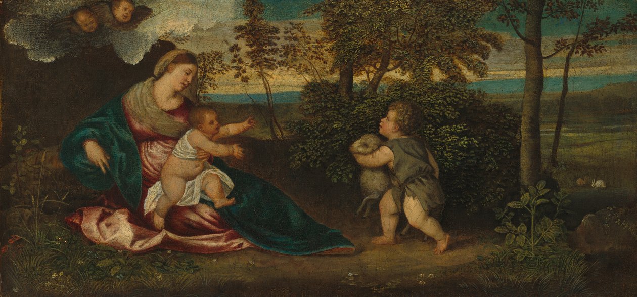 Madonna og barn og spædbarnet Saint John i et landskab, 1540-50 af Polidoro Lanzani