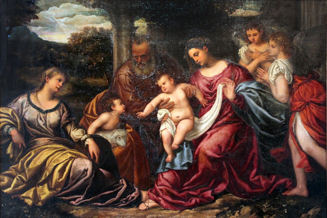 Den hellige familie med den hellige Katarina af Alexandria og det lille barn Johannes af Polidoro da Lanciano
