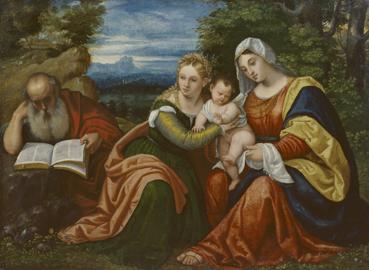 Jomfru og barn med St. Catherine og St. Hieronymus i et landskab af Polidoro da Lanciano