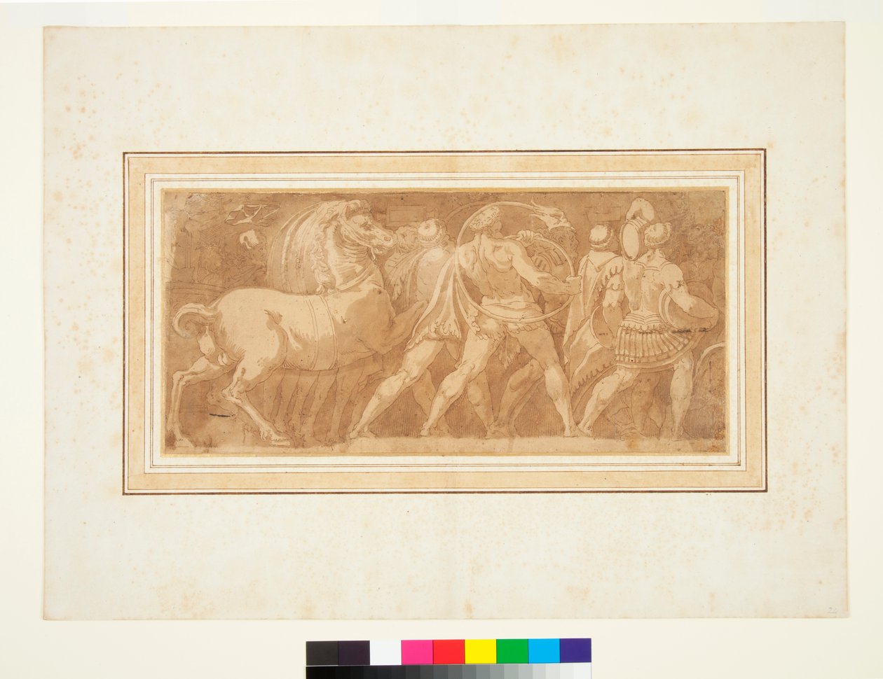 Frise med en del af en romersk triumf (pen og brun blæk og brun vask) af Polidoro da (after) Caravaggio