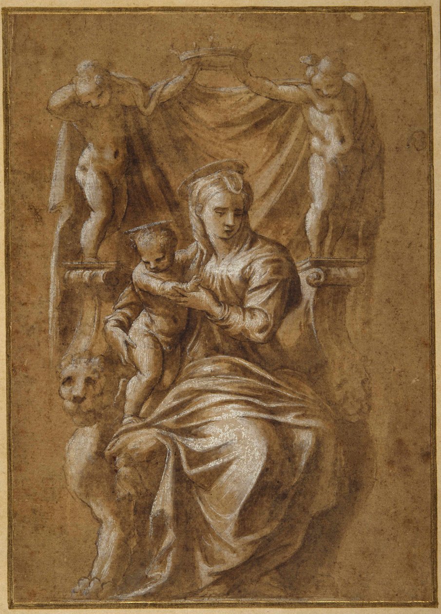 The Madonna and Child troner (pen & brunt blæk med kropsfarve på papir) af Polidoro da (follower of) Caravaggio