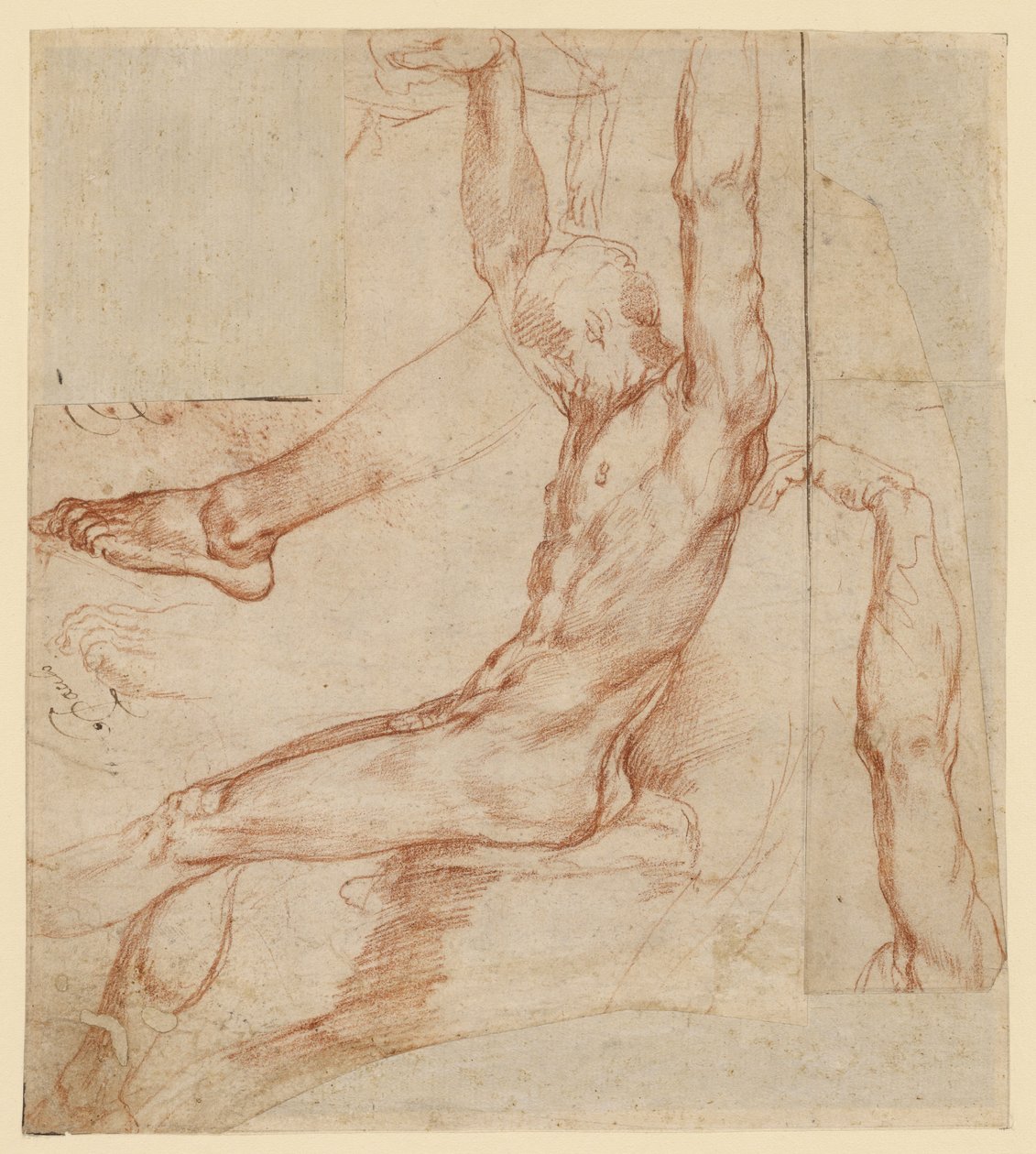 Studie af en mand med forskellige skitser (recto); Studie af en mands draperede ben (verso) af Polidoro da Caravaggio (Polidoro Caldara)