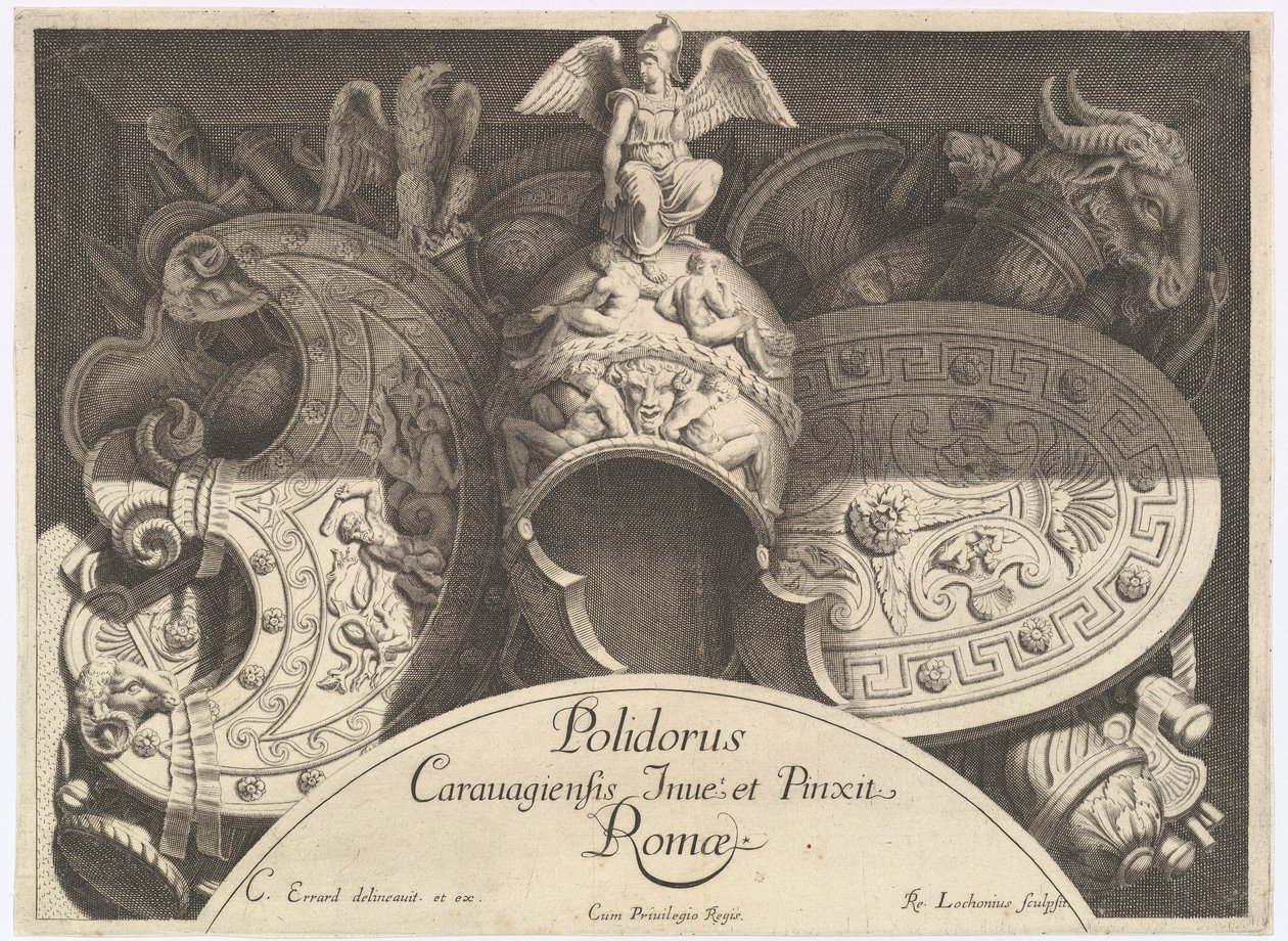 Divers Trophées våbentrofæer efter facaden på Palazzo Milesi i Rom, 1651 af Polidoro da Caravaggio