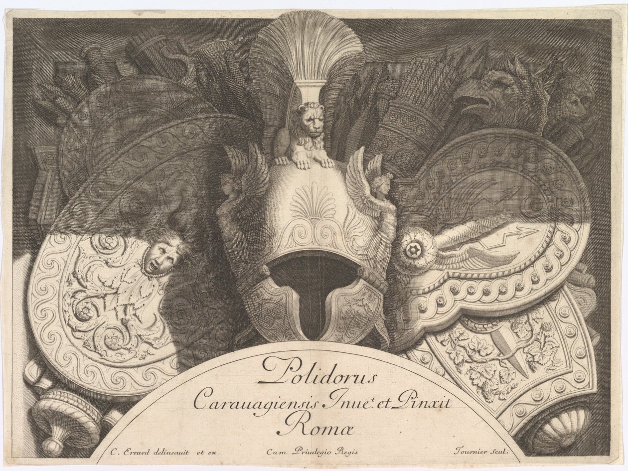 Divers Trophées Weapon Trophies after the Façade of Palazzo Milesi in Rome, 1651. Creators: Polidoro da Caravaggio, Rene Lochon.dani af Polidoro da Caravaggio