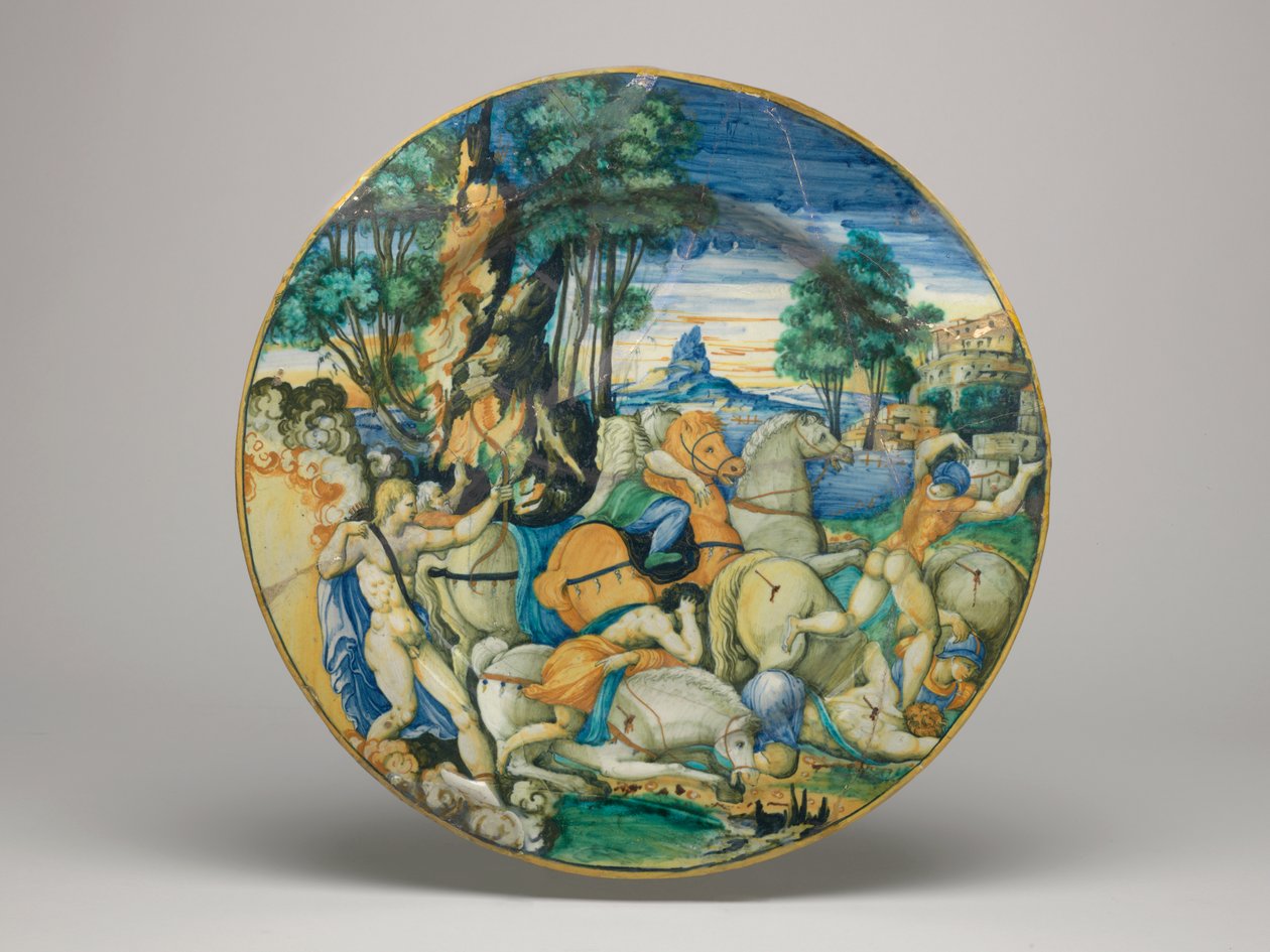 Maiolica-fad, Apollo slaying the Sons of Niobe- Shape ca. 64 med almindelig kant, fadets bund, 1548 af Polidoro da Caravaggio