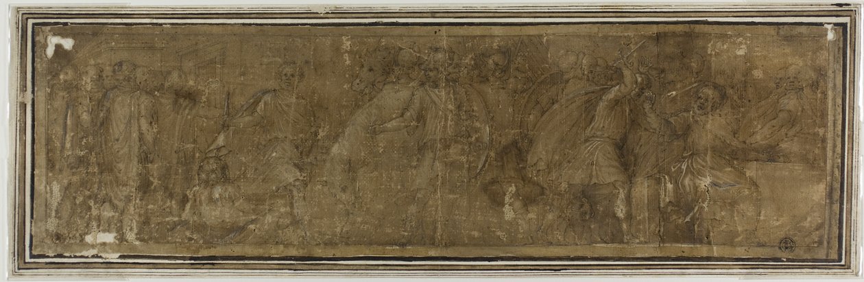 Mucius Scaevola krydser Tiberen, har til hensigt at myrde Porsenna, men dræber sin kasserer ved en fejl af Polidoro da Caravaggio