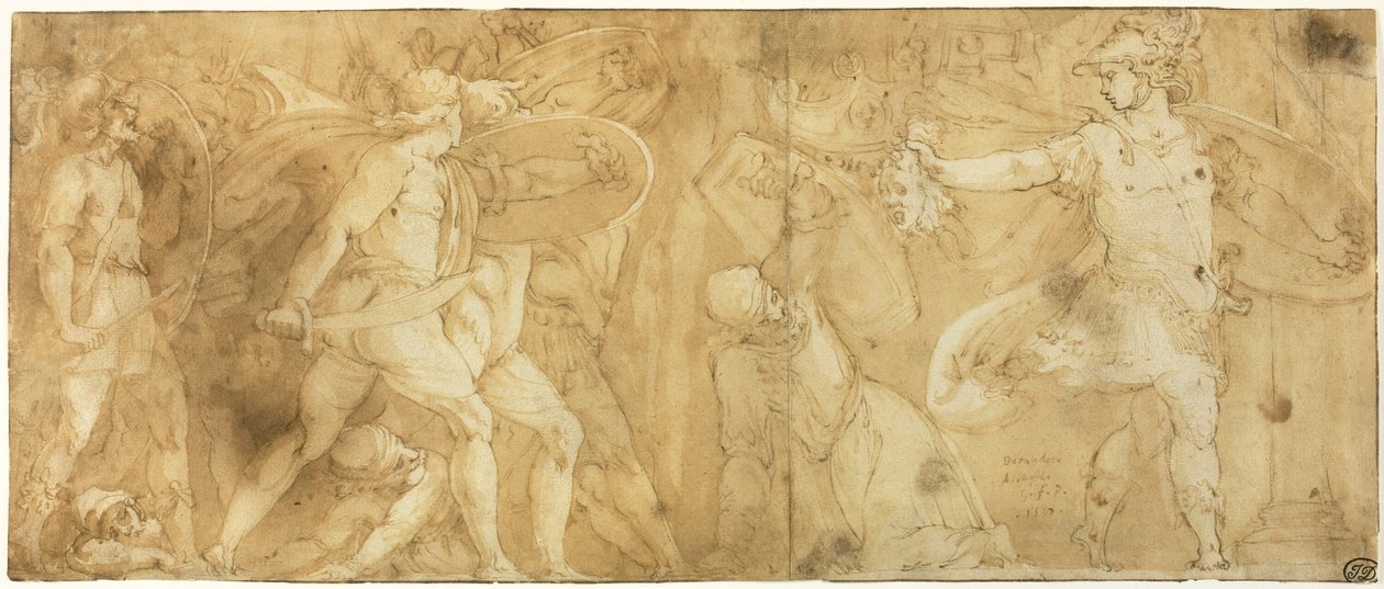 Perseus med Medusas hoved, der gør Phineus og hans tilhængere til sten af Polidoro da Caravaggio
