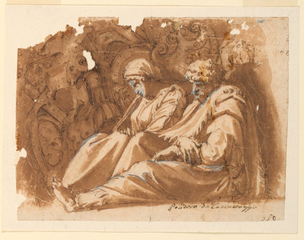 Siddende figurer med trofæ af Polidoro da Caravaggio