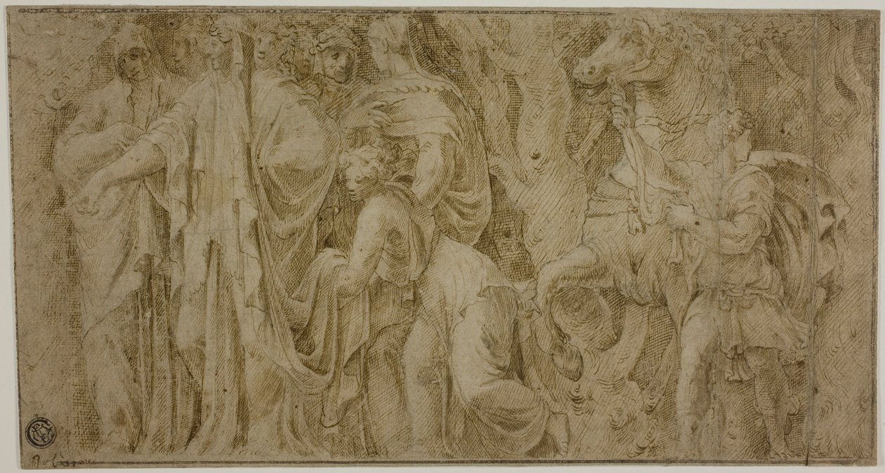 Historien om Niobe: Niobe modtager gaver fra tilbedere; Ungdom med Hest af Polidoro da Caravaggio