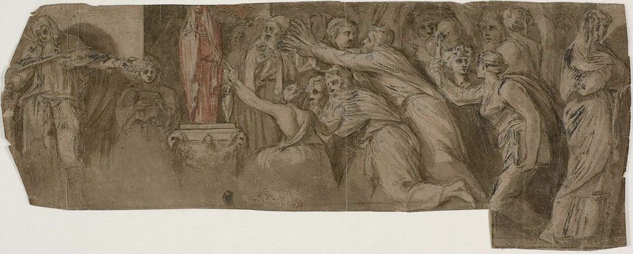 Historien om Niobe: Præster og tilbedere foran en statue af Niobe af Polidoro da Caravaggio