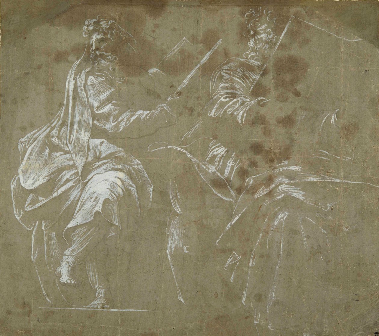 To skæggede profeter siddende med åbne bøger i hånden (hvid farve på gråt papir) af Polidoro da Caravaggio