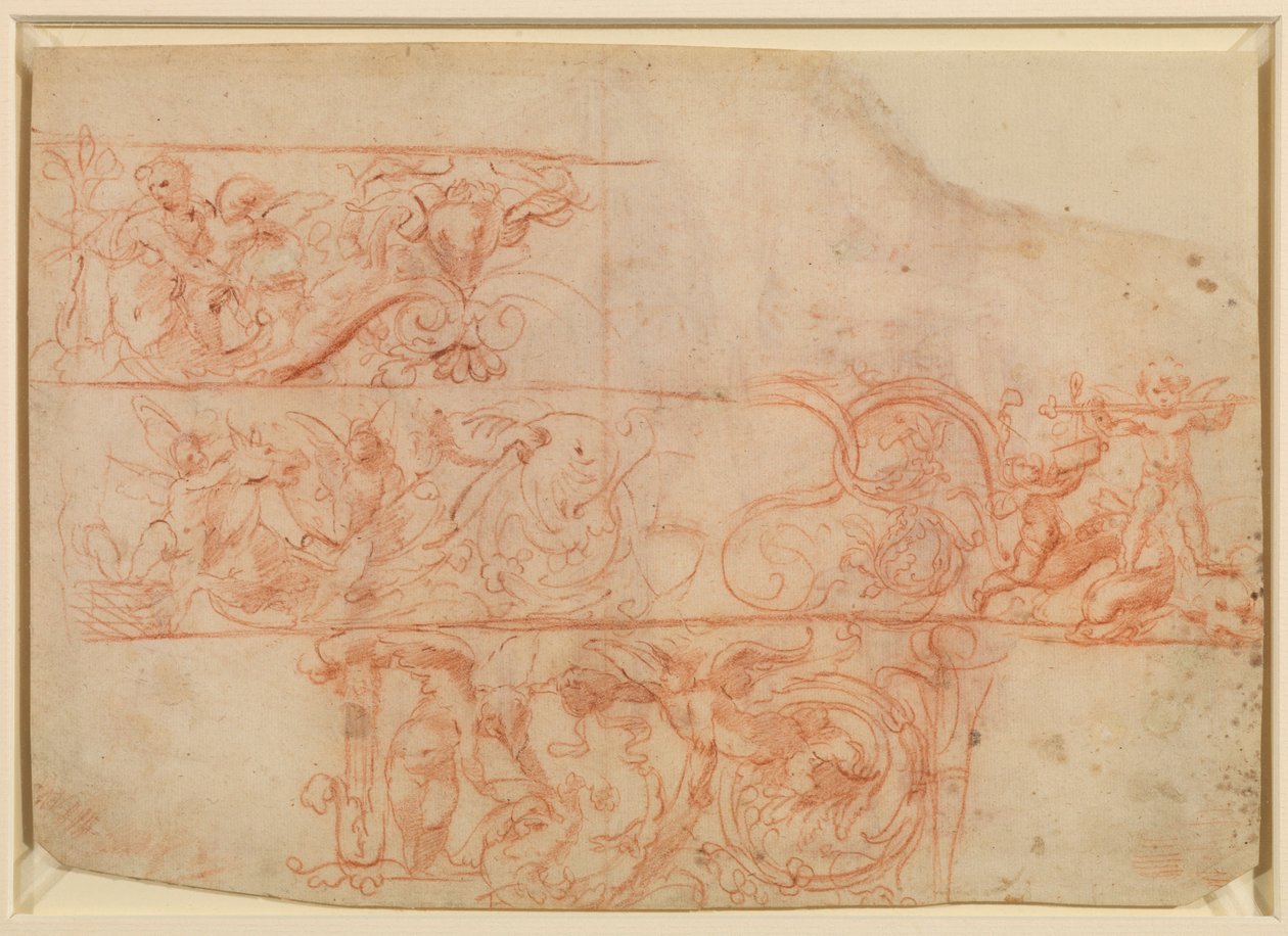 To stående mandsfigurer, studier for evangelister?, recto, 1500-tallet af Polidoro da Caravaggio