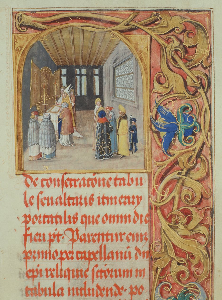Alterindvielse af biskoppen med bistand fra kanoner og verdslige grundlæggere fra biskop Erasmus Cioleks pavelige kirke, ca. 1510 (tempera og guld på pergament) af Polish School