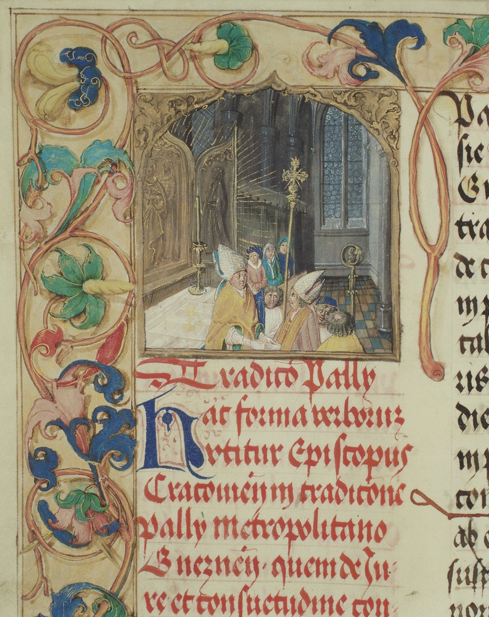 Biskop fra Krakow overdrager Pallium til ærkebiskoppen af Gniezno fra det pavelige biskop Erasmus Ciolek ca. 1510 (tempera & guld på pergament) af Polish School