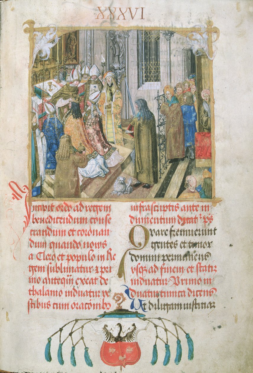Kroning af kongen af Polen, der præsenterer magtens tegn fra biskop Erasmus Cioleks pavelige kirke, ca. 1510 (tempera og guld på pergament) af Polish School