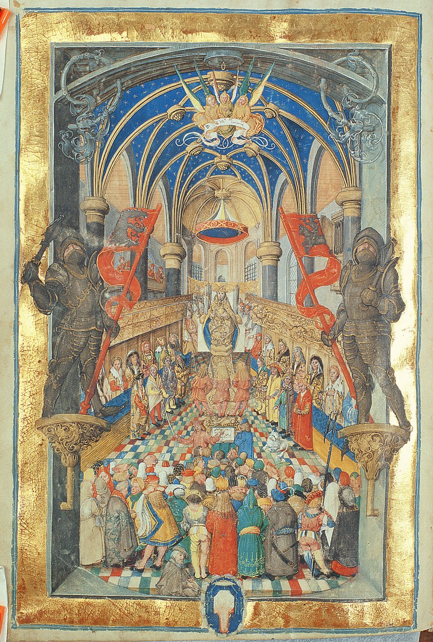 Tronsættelse af kongen af Polen fra biskop Erasmus Cioleks pavelige kirke, ca. 1510 (tempera og guld på pergament) af Polish School