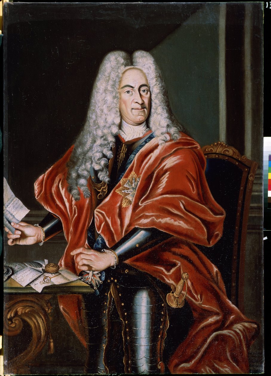 ""portræt af aristokrat"" Portræt af en ukendt polsk, formentlig en statsmand, af rige forhold, iført paryk og rustning. Han bærer kors af adelsordenen og præsenterer et brev adresseret til storkansleren. Maling af Polish School