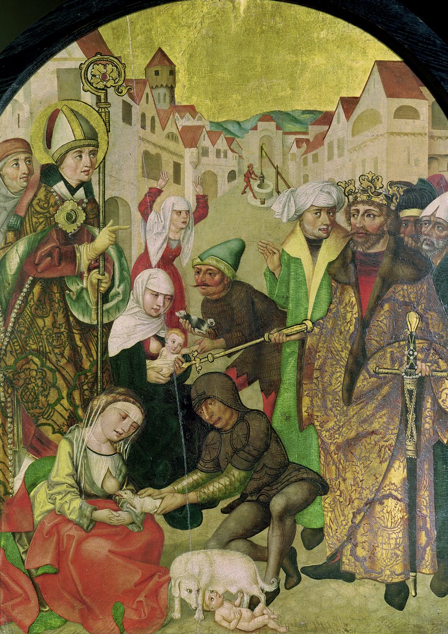 St. Stanislas (1030-79) ser på straffen af utro hustruer som befalet af kong Boleslas II (1039-81) panel fra altertavlen i St. Stanislas af Polish School