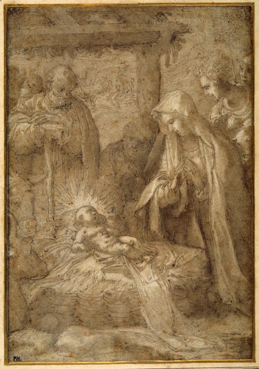 Hyrdernes tilbedelse (metalpoint, pen og blæk med vask og gouache på papir) af Pompeo (fl.1569 71) (attr. to) Cesura