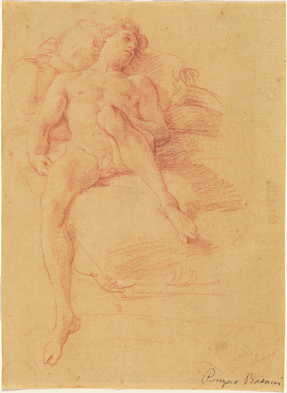 Nøgen mand liggende på en seng af Pompeo Batoni
