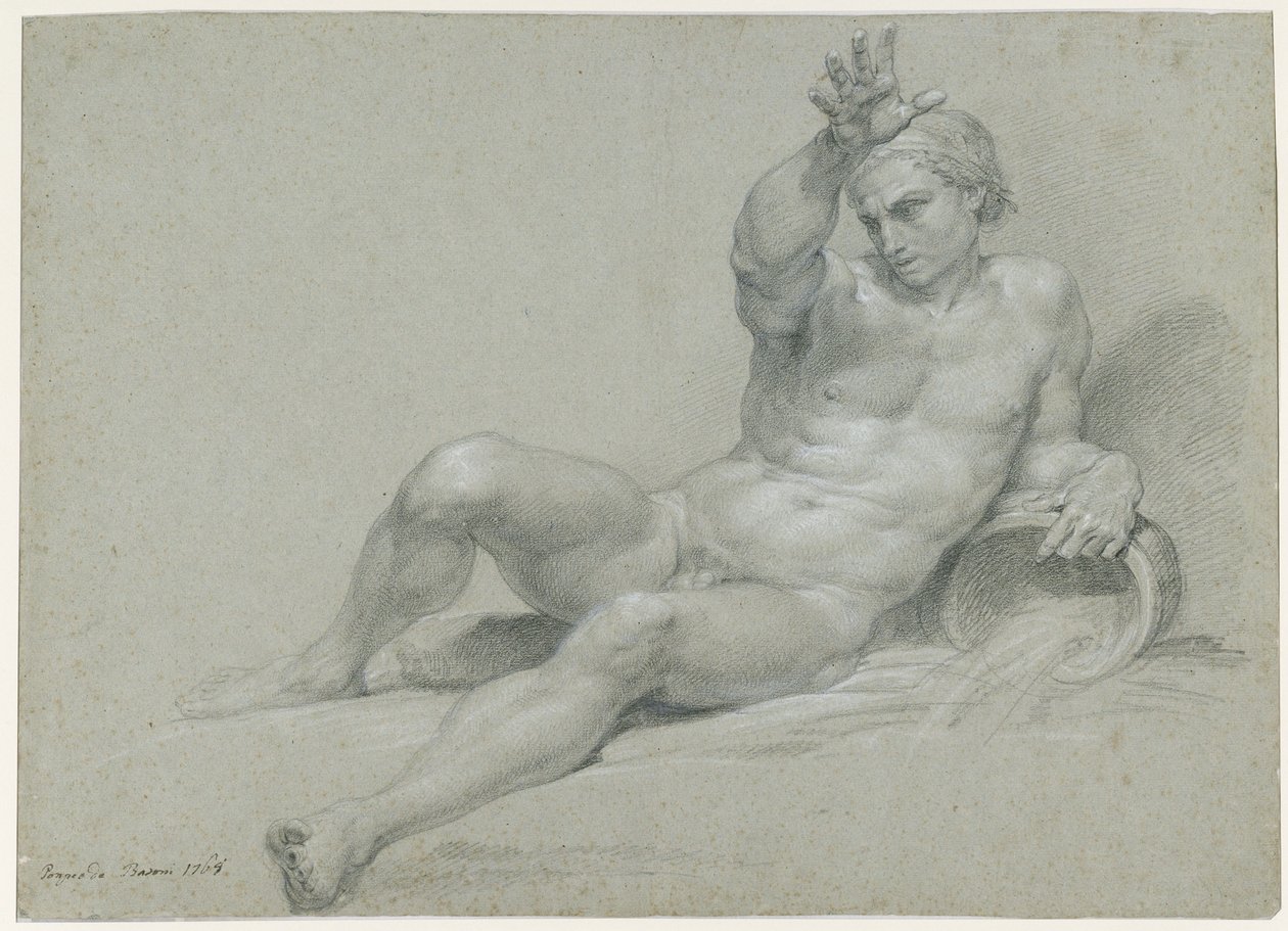Nøgenstudie af en liggende mandlig model med højre arm løftet, i positur som en antik flodgud, set skråt fra venstre af Pompeo Girolamo Batoni