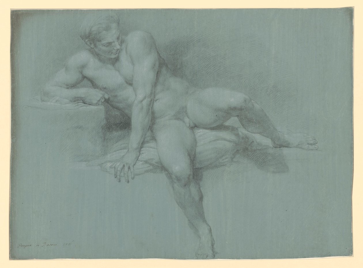 Nøgenstudie af en liggende mandlig model, der støtter sig med venstre arm foran kroppen af Pompeo Girolamo Batoni
