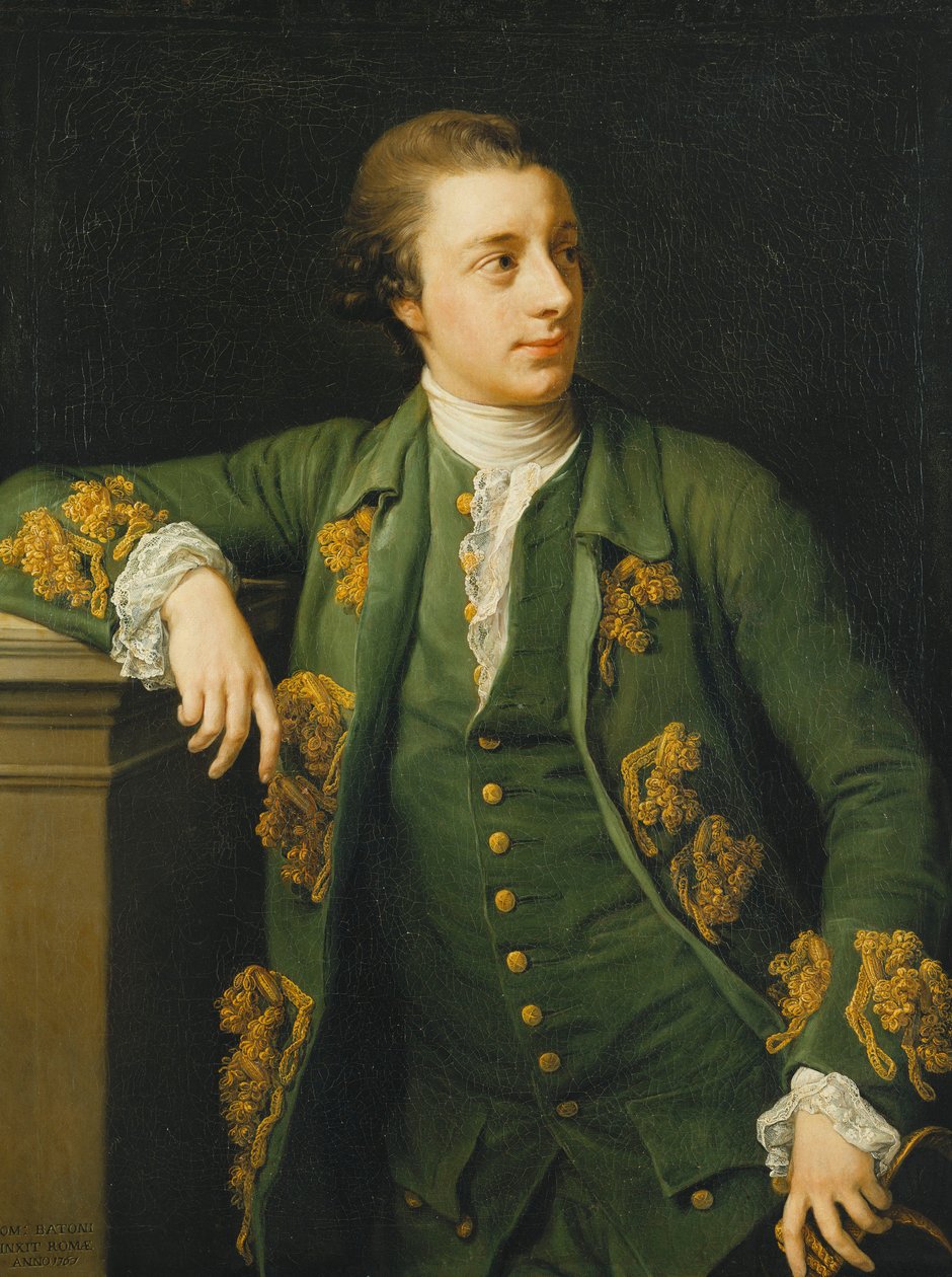 Portræt af Thomas Fortescue, M.P., stående, trekvart længde, iført en grøn frakke og vest, læner sin højre arm på en piedestal og holder en tricorn hat i sin venstre hånd, 1767 af Pompeo Girolamo Batoni