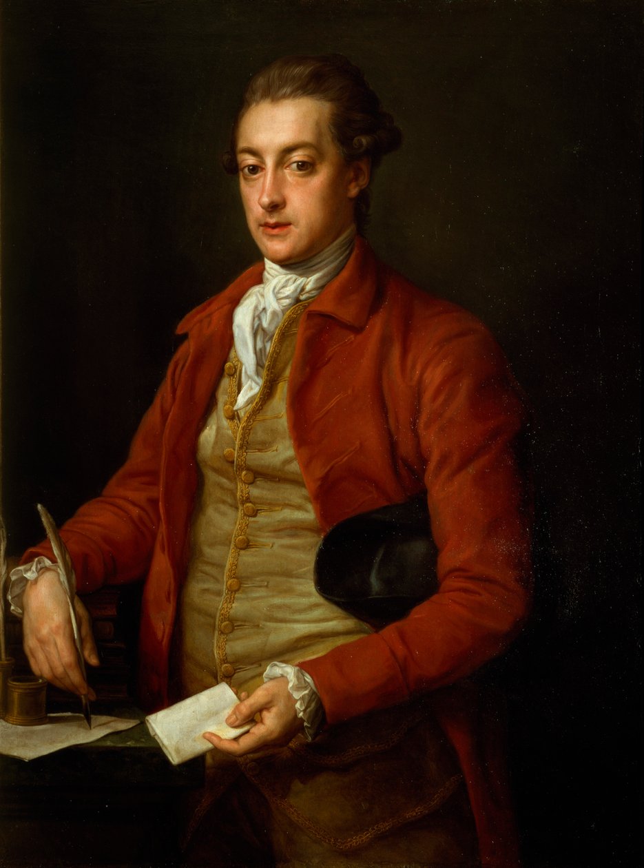 Portræt af Hon. Lionel Damer, halvlængde i rød frakke med grå vest og hvid halsbånd, med papir og fjerpen (olie på lærred) af Pompeo Girolamo Batoni