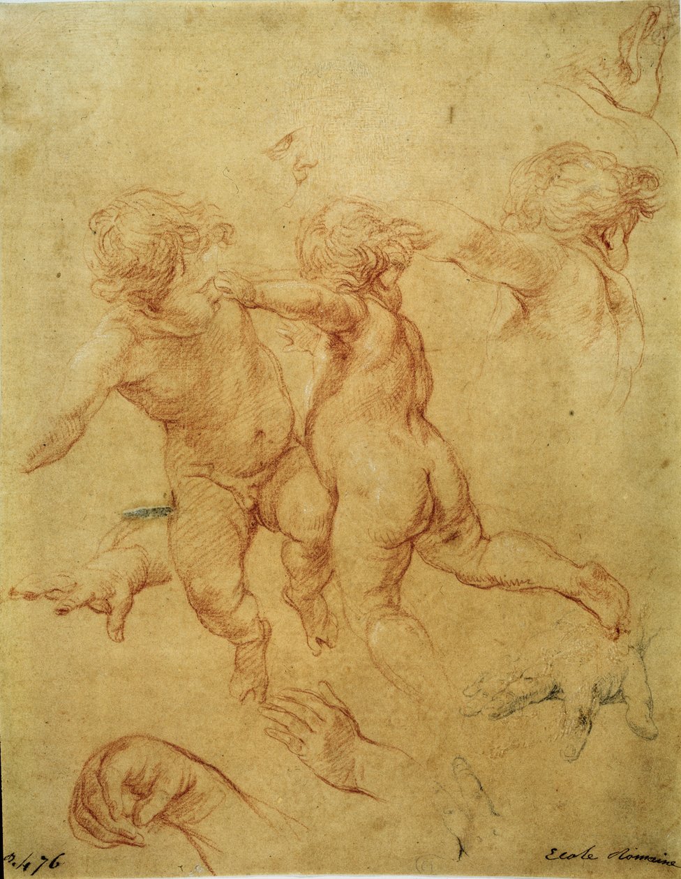 Studie til to putti (To flyvende putti. Studie), ca. 1740 (sanguine) af Pompeo Girolamo Batoni