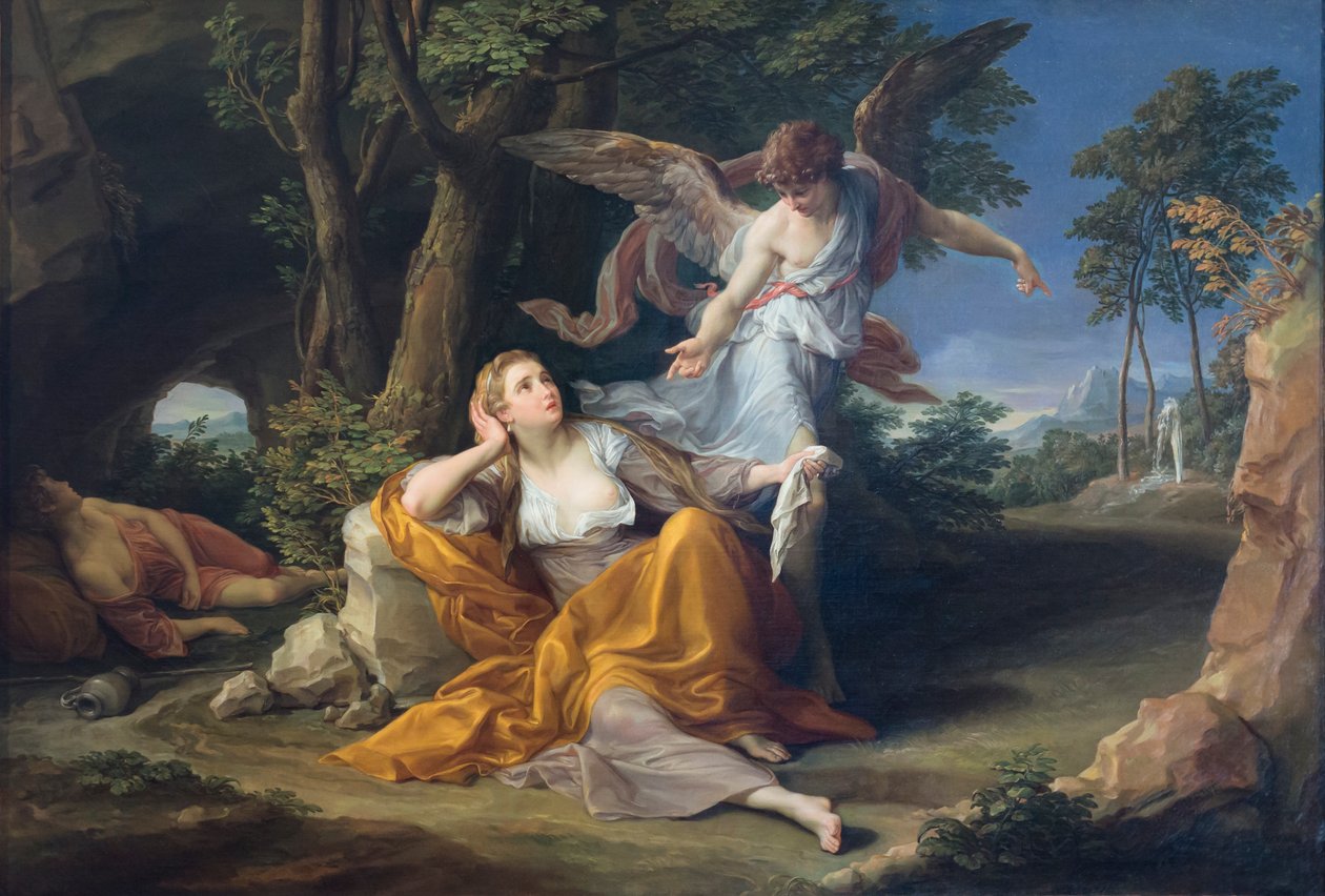 Englens tilsynekomst for Hagar i ørkenen af Pompeo Girolamo Batoni