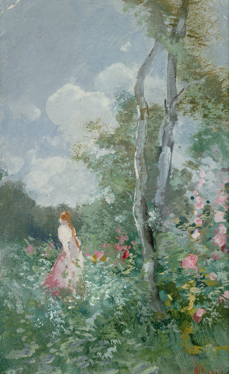 A Girl Walking in a Wooded Glade (kropsfarve på papir) af Pompeo Mariani