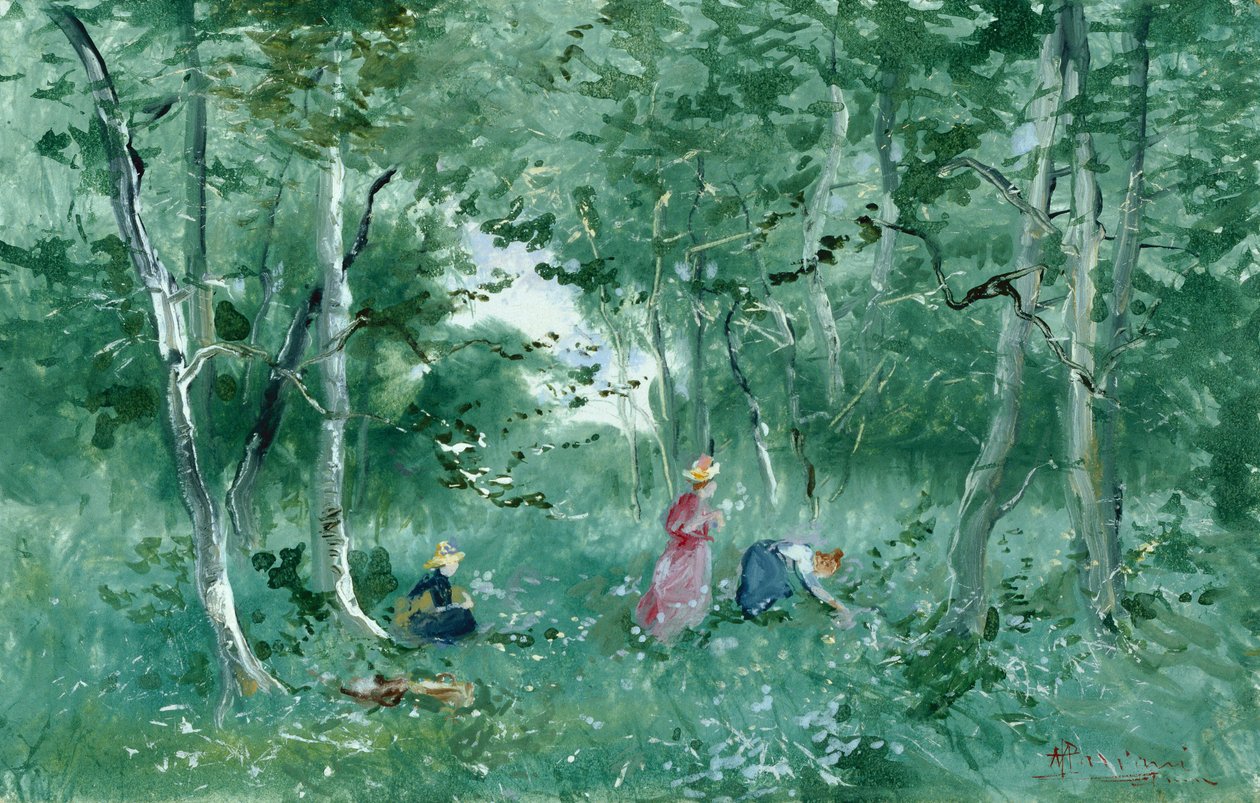 Elegante damer plukker blomster i et træ (kropsfarve på kortet) af Pompeo Mariani