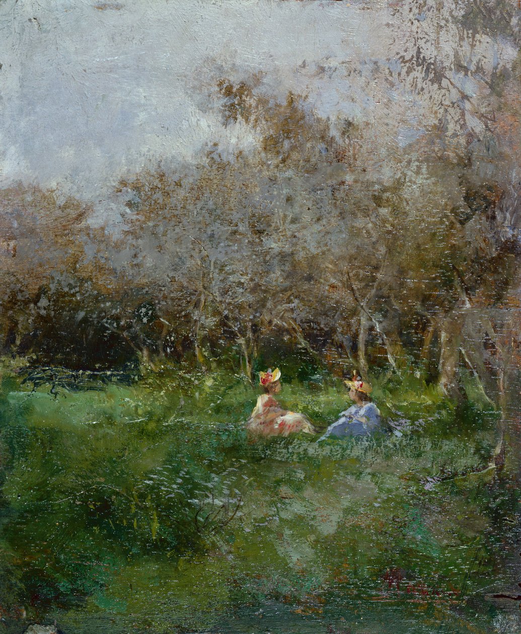 Elegante damer hviler i et skovklædt landskab (olie på panel) af Pompeo Mariani