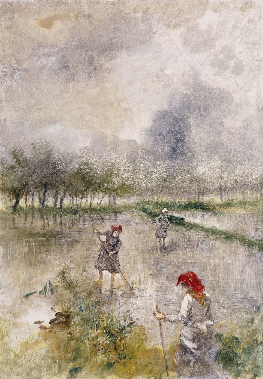 Woman in the Rice Fields (monotype trykt i farver, forhøjet med farveblyant) af Pompeo Mariani