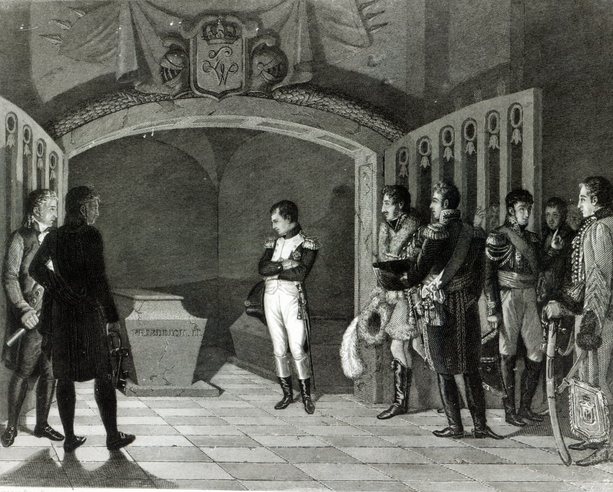 Napoleon mediterer foran Frederik II af Preussens grav i krypten til Garnisonkirche i Potsdam, ca. 1810 af Ponce Camus. Marie Nicholas