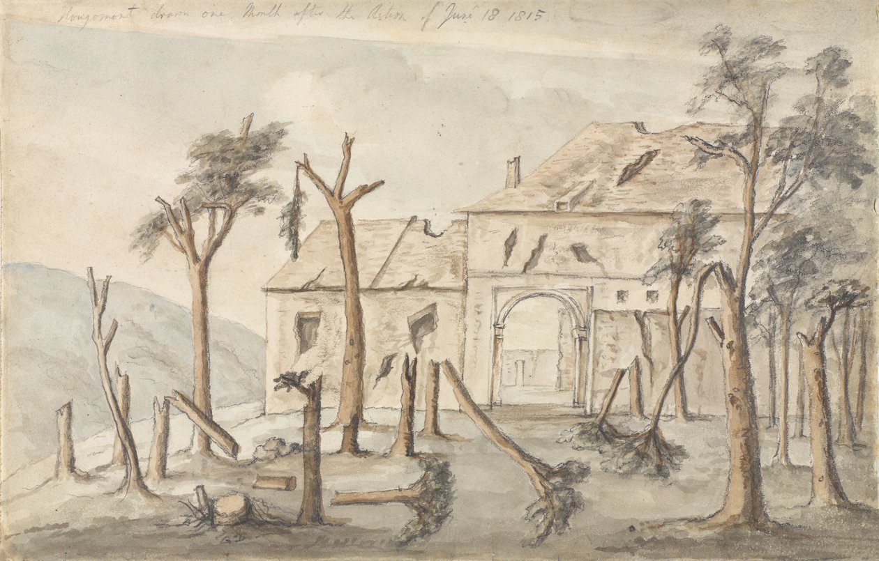 Hougoumont tegnet en måned efter handlingen den 18. juni 1815, juli 1815 (blyant og wc på papir) af Ponsonby