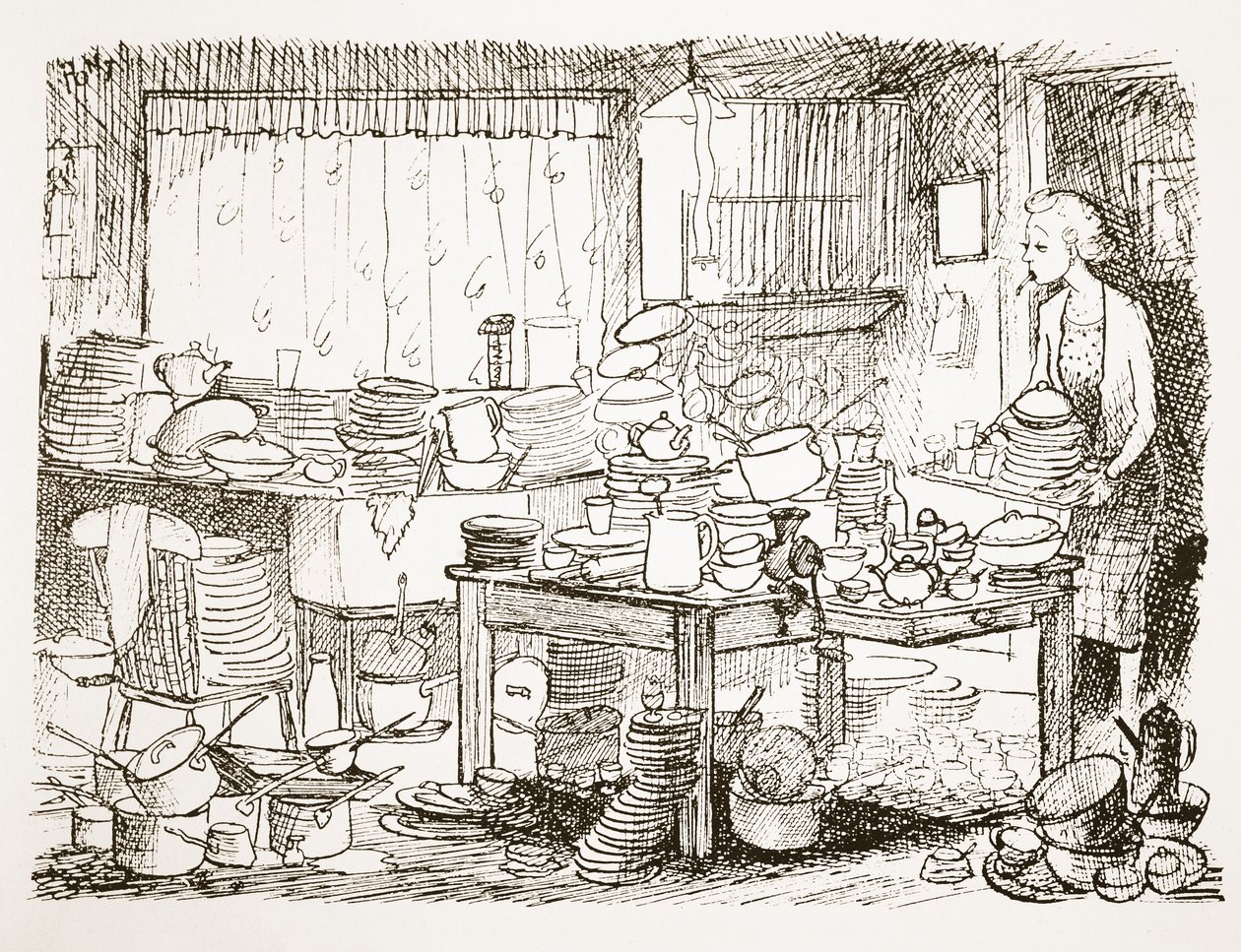 En tendens til at vente med at vaske op til senere, illustration fra "Pont: En beretning om den store Punch-kunstners liv og arbejde af Pont