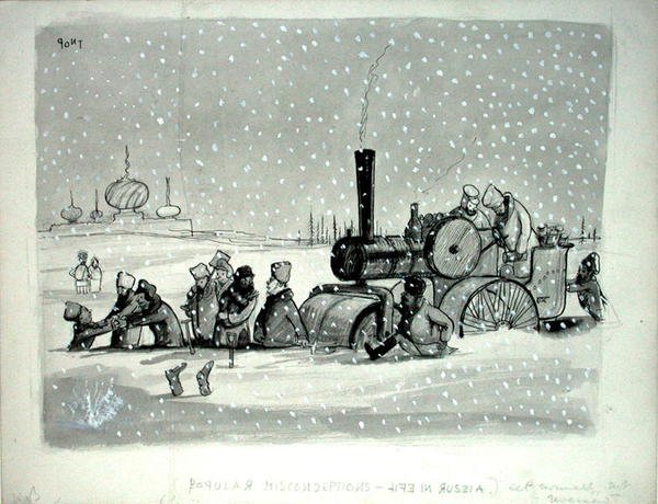 Populære misforståelser: Life in Russia, illustration fra Punch, udgivet 27. december 1939 (pen, blæk, monokrom akvarel og kropsfarve på papir) af Pont