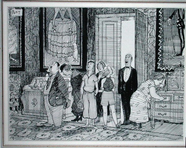 Den britiske karakter: stor interesse for historiske huse, illustration fra Punch, udgivet 8. juli 1936 (pen & blæk på papir) af Pont